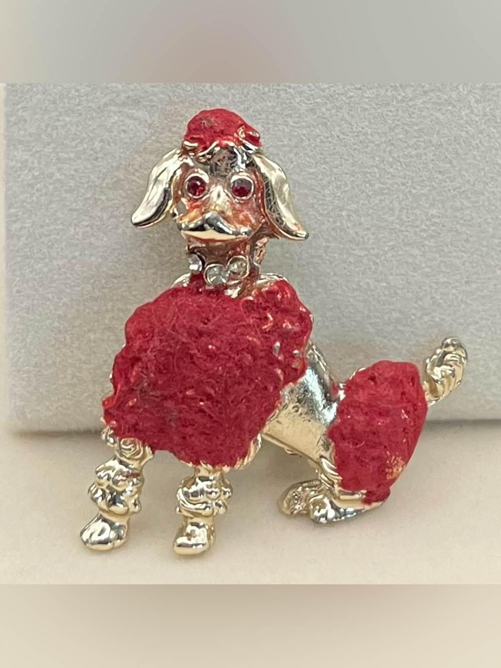 Authentic Vintage 1950s Gold Tone & Red Enamel French Poodle Brooch Pin MCM